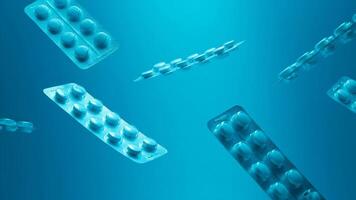 Pills in Blister Packs Falling in Front of Blue Gradient Background video