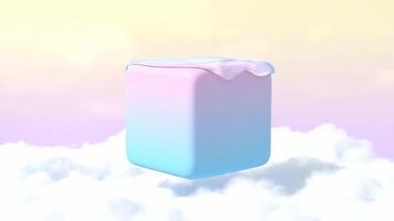 Gradient Cube Floating on White Clouds in an Ethereal Sky Background video