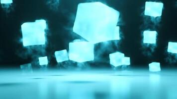 Floating Blue Cubes Glow and Emit Vapor in a Dark Studio video