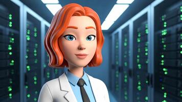 animiert Frau im Labor Mantel steht im Daten Center mit Server Gestelle video