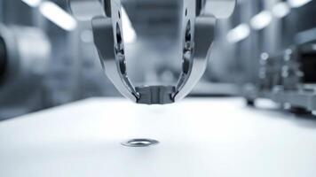 automatiserad robot ärm precision placering av metall komponent i fabrik video