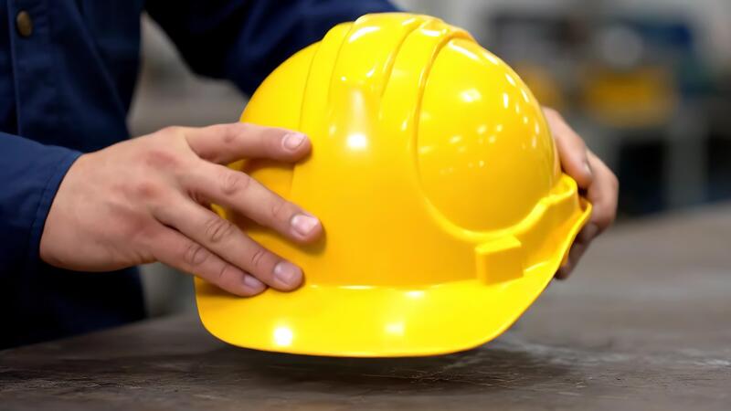 Man Prepares to Work, Placing Yellow Hard Hat on Surface at