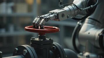 Robot Adjusts Red Valve On Industrial Pipeline In Factory Setting video