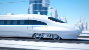 moderno trem viajando através futurista cidade durante dia video