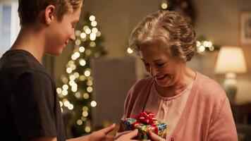 geven grootmoeder een vakantie geschenk Bij huis gedurende Kerstmis tijd video
