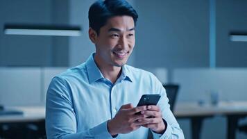 Man Smiles While Looking at a Cellphone in a Modern Office Setting video