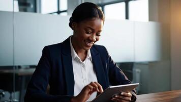 Professional Woman Smiling While Using Tablet Computer in Modern Office During the Daytime video