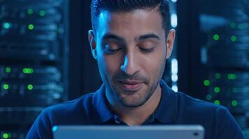 Man Using a Tablet in a Server Room video