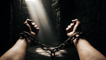 kedjor binda handleder i mörk sten hålan med fönster ljus på dagtid video