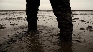 pessoa vadear através profundo lama em uma plano panorama durante a dia video