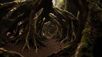 profundo dentro oscuro bosque arboles raíces crear natural túneles en nublado tarde video