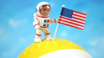astronauta giocattolo piantare americano bandiera su un' giallo pianeta superficie video