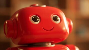 fechar acima do feliz vermelho robô brinquedo em uma mesa durante dia video