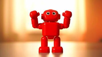 vermelho brinquedo robô em pé ainda em uma mesa dentro de casa durante a dia video