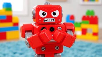 vermelho robô brinquedo ser Bravo em azul tapete com construção blocos dentro a fundo video