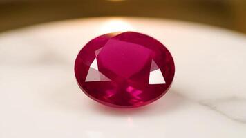stänga upp av en röd rubin ädelsten på en vit yta lyser under ljus lampor video