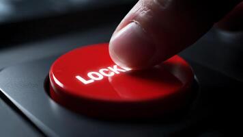 Red Lockdown Button Close up on Dark Surface With Illuminated Text, Studio Shot video