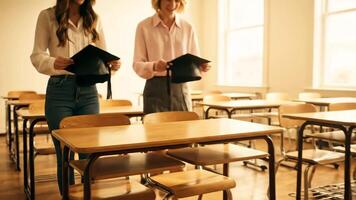 aula attraverso Aperto porta nel mattina leggero mostrando vuoto banchi video