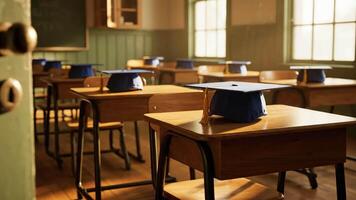 puerta ver de vacío salón de clases con graduación tapas en escritorios durante el día video