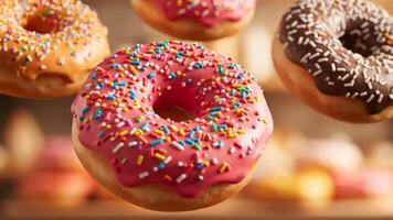 Pink Donut With Sprinkles Floats Over Bakery Display Case During Daytime video
