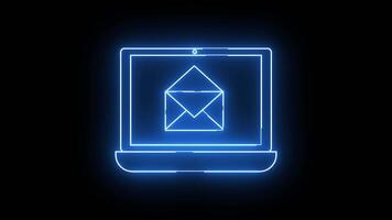 bärbar dator ikon och öppen meddelande ikon med neon effekt video