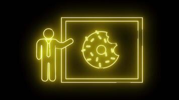 ícone do uma pessoa apresentando em uma borda e ícone do uma rosquinha ser mordido video