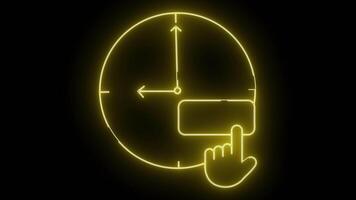en neon gul översikt av en klocka ansikte med en hand brådskande en rektangulär knapp video