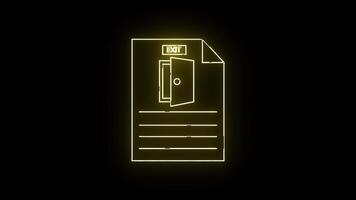 Neon yellow outline of a paper with an open door labeled EXIT against a black background video