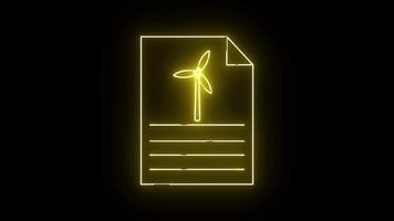 gul neonstil ikon av en dokumentera med en vind turbin och text rader på en svart bakgrund video