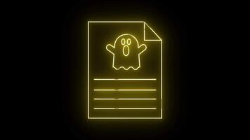 un' raggiante giallo neon icona di un' documento con un' fantasma su superiore e Linee sotto contro un' nero sfondo video