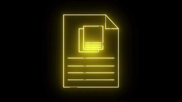 en gul neon dokument ikon isolerat på en svart bakgrund visar en fil med rader av text och annan fil ovan den video