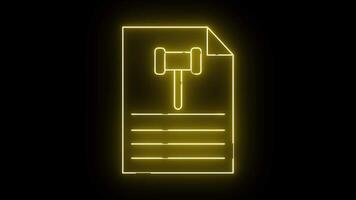 Yellow neon graphic of a document with a gavel lines for text a folded corner set against a black background video