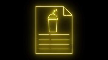 neonyellow översikt av dokumentera med dryck ikon och text rader på en svart bakgrund video