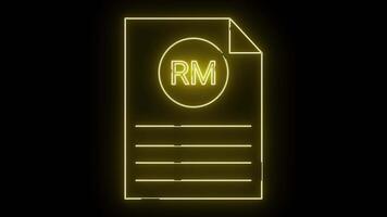 A luminous yellow icon of a document with a curled corner and the letters RM within a circle on a black background video