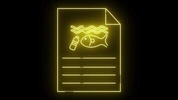 Yellow neon outline of a document with a fish bottle and waves graphic and lines for text on a black background video