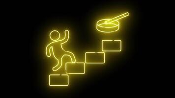 un' raggiante neon bastone figura ascende bloccare le scale in direzione un' a forma di disco oggetto con un' maniglia video