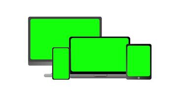 Animé ensemble de numérique dispositifs comprenant une ordinateur moniteur, ordinateur portable, tablette, et téléphone intelligent. chaque dispositif a une vert écran pour chrominance saisie et est isolé sur une blanc Contexte. video