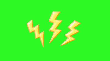 2D lightning animation.Three yellow lightning bolts move across a green screen, followed by a transition to static black lightning bolts on a white background. video