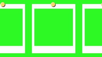 animerad rad av omedelbar Foto ramar rullning vågrätt i en sömlös slinga. vit polaroid-stil bilder med grön skärm Plats fästs på en grön bakgrund. video