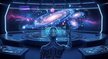 Robot Interacting with a Holographic Galaxy Display in a Control Room hologram space video