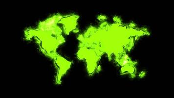 Glowing green world map with soft edges on a black background in a digital illustration video