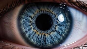 macro seqüência do azul íris com detalhado radial padrões e luz reflexões para biométrico usar video