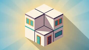 isometrisk roterande kub hus illustration med lång skugga sunburst bakgrund video