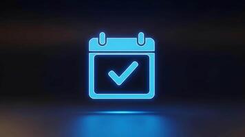 Blue neon calendar icon with glowing checkmark on dark reflective surface for scheduling video