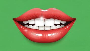 linha do lustroso vermelho lábios com espumante dentes animado sorrir seqüência em verde fundo video