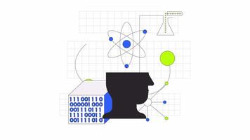 gegevens wetenschap 2d onboarding ui animatie. fysica opleiding, laboratorium Onderzoek. wetenschappelijk hoofd silhouet met ai en binair code geanimeerd tekenfilm vlak concept, app intro 4k geïsoleerd Aan wit video