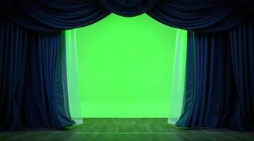 An open stage with curtains and a green screen video