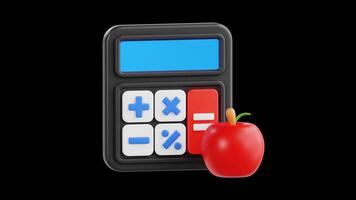 3d animação do caloria contando com calculadora e maçã, alfa canal video