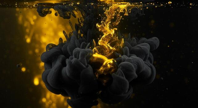 A dramatic and elegant abstract background capturing the moment of collision between black ink and liquid gold. The dynamic swirls create a powerful and luxurious image for high-end branding photo