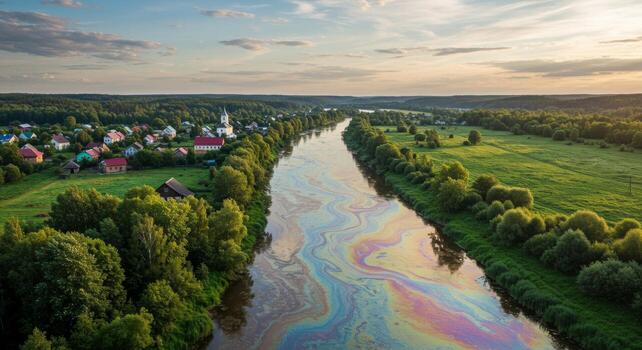 un hermoso, iridiscente río de petróleo fluye mediante un lozano paisaje, envenenamiento él. un poderoso metáfora para el corrosivo y destructivo naturaleza de mentiras. foto